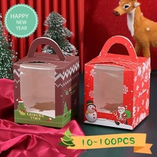 10-100pcs Christmas Xmas Mini Boxes Single Cupcake Boxes With Window Cup Cakes