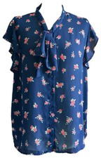 New Zara Top Blouse Lge 12 Navy Blue Floral Short Sleeve Pussybow Neck Tie Sheer
