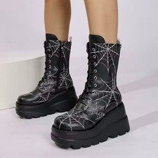 Womans Mens Black Spider Web Chunky Platform Punk Gothic Combat Boots Shoes