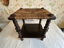 Antique Wooden Bobbin Legged Foot Stool With Shelf Woven Rattan Seat Stool
