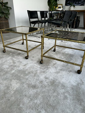 HOLLYWOOD REGENCY GOLDEN BAMBOO PAIR Of TABLE SET WITH 2  ON CASTORS 70’s