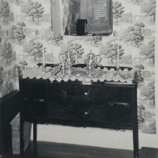 Vintage 1950s Sideboard Bold Wallpaper Dining Room Interior Silver Tea Set Pot