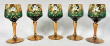 5 Vintage Vimax Cordial Glasses, Green, Painted Floral, Gold Stems, Murano Italy