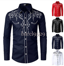 Mens Western Cowboy Shirt Long Sleeve Retro Embroidery Casual Buttons Down Shirt