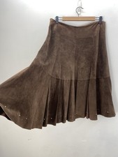 Rene Derhy Brown Suede Skirt UK M Waist 32-32" Western Boho Y2K Lined Studded D
