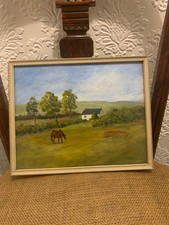Original Oil Painting on Board of Chestnut Horse Grazing in Paddock Height 8.5”
