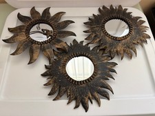 Rustic Sunburst Metal Mirror Hollywood Regency Brown Distressed Suns - Set of 3
