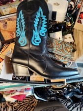 STIVALI BLACK LEATHER BLUE STITCH COWBOY LADIES BOOTS 42 EURO