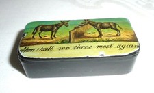 RARE little Donkey Pictorial Antique Papier Mache Snuff Box ~ with caption
