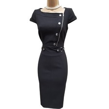 Karen Millen UK 10 Black Logo Tailored Military Zip Pencil Dress Occasion Y2K