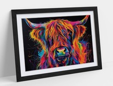 VIBRANT MULTI COLOUR HIGHLAND COW FRAMED WALL ART PICTURE POSTER PRINT