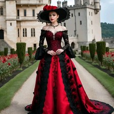 Gothic Black Red Wedding Dresses Long Sleeves Lace Applique Vintage Bridal Gowns