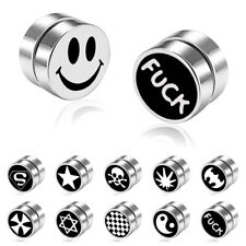 2pc Steel Multi Pattern Cylinder Magnet Fake Plug Earrings No Piercing Men Women