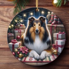 Rough Collie Christmas Tree Ornament, Ceramic, Double-Sided Printed & Gift Bag