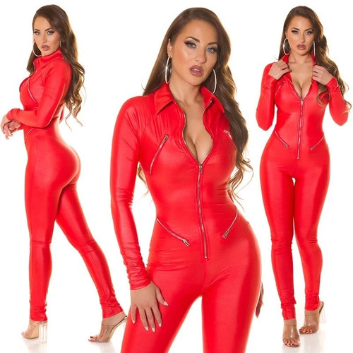 Sexy red wet look jumpsuit - sexy,