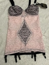 38B RAGO CORSELETTE 6 Garters Open Bottom Girdle Bra Body Briefer Pink/Black