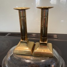 pair brass candlesticks. 14cm Tall. Square Georgian Base