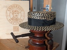 Handmade Straw Boater Hat, two tone, 1940s Reproduction.