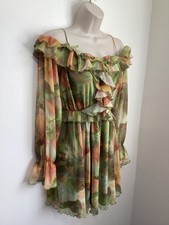 Zara Green Mesh Frill Off Shoulder Long Sleeve Dress M Hippie Boho Gypsy Bardot