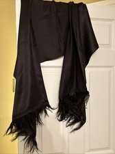 Vintage Black Linea Stole Wrap Scarf Ostrich Feather and Ribbon Trim 35 x 21"
