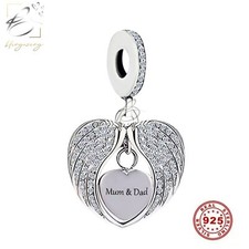 💖 Mum And Dad Charm Genuine 925 Sterling Silver Angel Wings Heart Memorial  