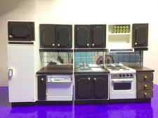 Vintage Lundby Dolls House Dark Wood Complete Kitchen Set - Hard To Find