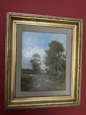 Original Victorian oil painting signed Wellesley Cottrell church landscape frame