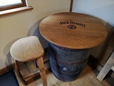 OAK WHISKEY / WHISKY BARREL TABLE WITH HANDMADE BAR STOOLS - ENGRAVED LOGO TEXT