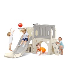hoopyosms Toddler Slide with Climbing Ladder, Tunnel and Basketball Hoop, Indoor