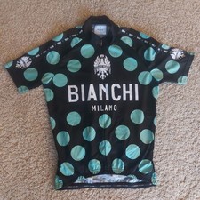 Bianchi Cycling Jersey Shirt Mens Black with Celeste Polka Dots Size Medium