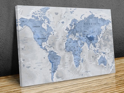 World map canvas wall art - map, blue