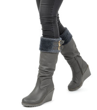 LADIES KNEE HIGH BOOTS FUR LINED ULTRA WARM SLIM FIT LONG WEDGE ZIP RIDING SHOES