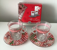 Christmas Glass Cups Saucers Gingham Holly Christmas Holly Red White Clear