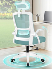 ELFORDSON Ergonomic Swivel Mesh Office Chair Headrest FlipUp Armrest White &Cyan