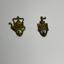 Cottagecore 2 Solid Brass Kitchen Wall Hooks Coffee Grinder and Teapot Antique