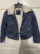 GAP Kids Denim Jacket Sherpa Collar Dark Wash Trucker Jean Button Up S 6-7