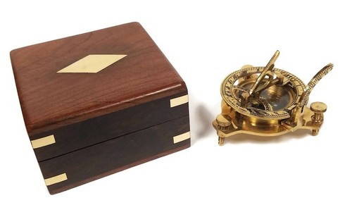 Brass sundial compass with box - compass,
