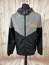 Superdry Active Sport Mens Large Windbreaker Jacket Hooded Lightweight Black