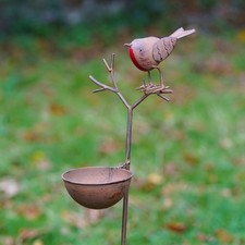 Robin on Twig Bird Feeder Bath Metal Garden British Bird Ornament Outdoor Statue