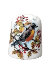 Decorative Thimble - Fenton China - American Robin and Red Headed Woodpeker  .