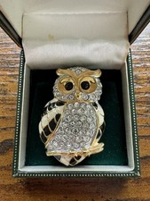 Crystal Owl Brooch Gold Tone