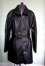 1980s Vintage Black Belted Leather Trench Jacket Coat (UK 12 M) Classic Woman