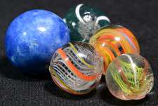5 Antique German Handmade Marbles - Bennington; Divided; Latticino & Coreless