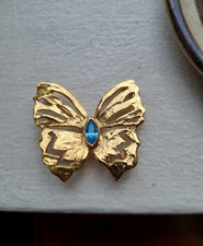 YSL Gold BUTTERFLY Brooch 1980s France Blue Yves Saint Laurent Robert Goossens