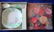 Vintage Carlton Ware Boxed Jam DIsh & Spoon Green Anemone Design Embossed Flower