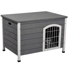 PawHut Wooden Dog Crate Kennel Lockable Door  Animal House w/ Openable Top Gray