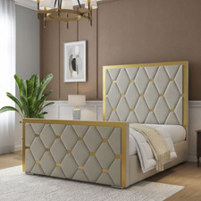 Gold Strip Panel Bed Frame Plush Velvet Upholstered Ottoman Gas Lift Storage 5FT