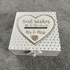Wedding Post Box, Wooden Card Box Mr & Mrs, White & Gold Glitter, Best Wishes