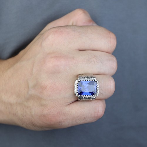 Silver mens blue sapphire - sapphire, ring