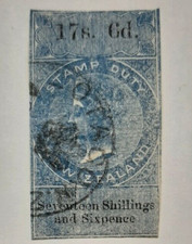 (NZL-133c)NEW ZEALAND 1867 QV STAMP DUTY Revenue POSTAL FISCAL 17/6 Blue & Black
